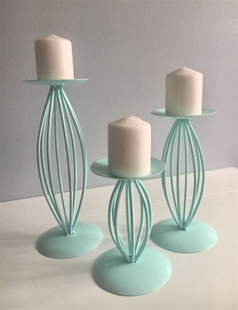 Pillar Candle Holders Set Of 3 Metal Painted Mint Green Etsy Candle