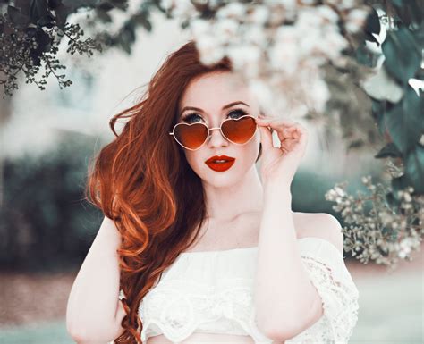 wallpaper redhead glasses portrait depth of field red lipstick women outdoors 2048x1667