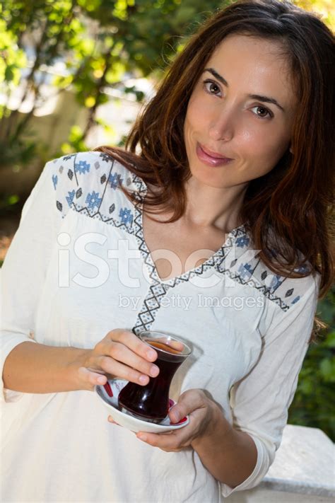 Attractive Woman Drinking Turkish Tea Outdoors Stock Photo Royalty Free Freeimages