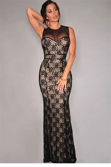 Women Sleeveless Maxi Dress Black Lace Nude Illusion Mesh Accented Gown