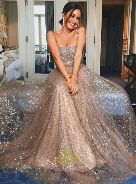 Gold A Line Sequin Sleeveless Tulle Floor Length Prom Dress With Straps