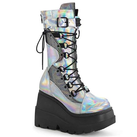 Demonia Womens Mid And Knee High Boots In Silver Hologram Vegan Leather