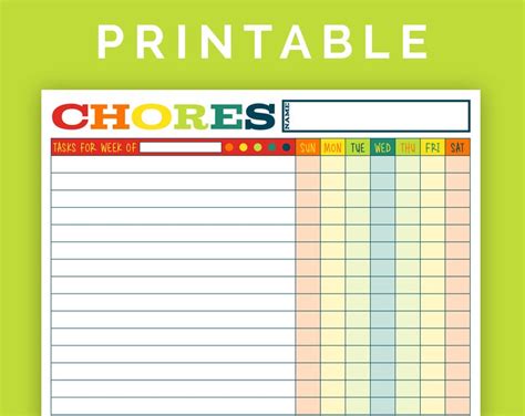 Weekly Chore Chart Colorful Printable Pdf