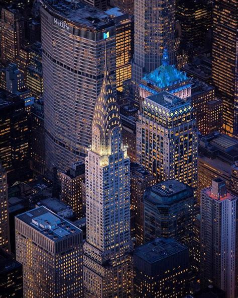 Aerial View Of Skyscrapers At Night In New York City