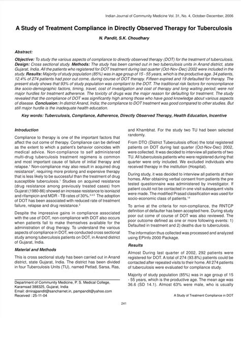 Pdf A Study Of Treatment Compliance In Directly Observed Therapy For