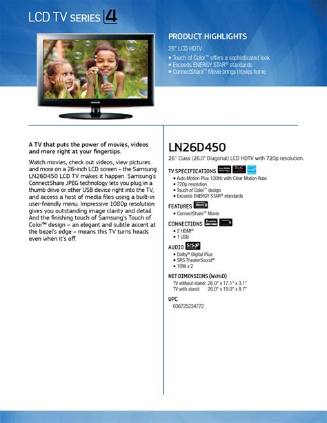 Samsung Ln26d450g1dxza Brochure Pdf Download Manualslib