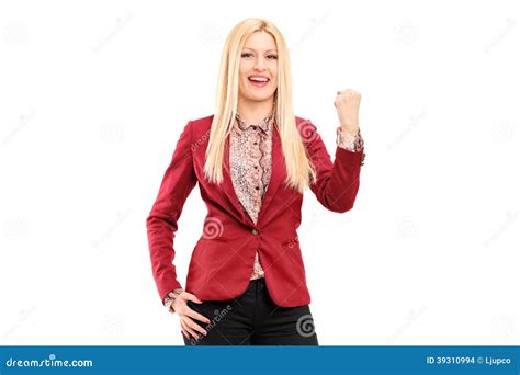 Happy Young Woman Gesturing Happiness Stock Photo Image Of Isolated