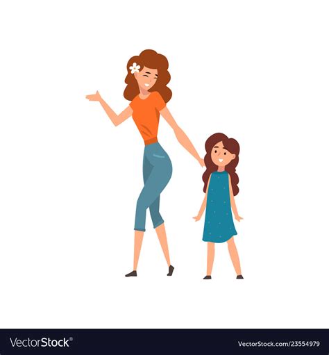 Smiling Mother Walking With Her Daughter Mom Vector Image