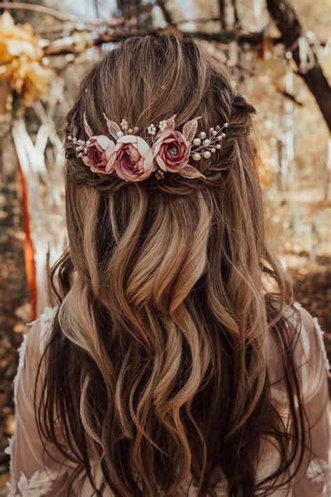 Boho Bridal Hair Comb With Handcrafted Dusty Pink Flower And Leaves