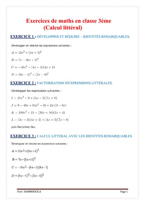 Solution Exercices De Maths En Classe 3 Me Calcul Litt Ral Studypool