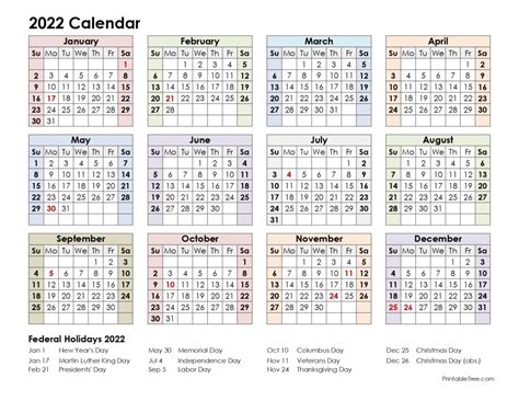 Free Download Printable Calendar 2022 With Us Federal 2022 United