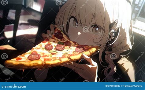 Anime Cartoon Girl Eating Pizza Stock Illustration Illustration Of