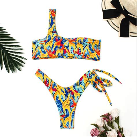 Sexy Brazilian Bandeau Push Up Bikini Set Print Single One Shoulder