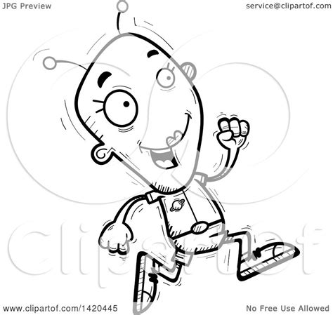 Clipart Of A Cartoon Black And White Lineart Doodled Female Alien
