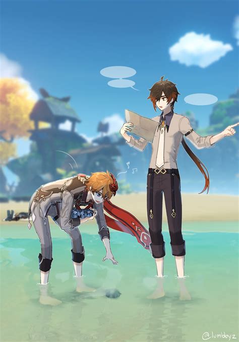 Two Anime Characters Standing Next To Each Other In The Water With Their Arms Out And Hands Extended