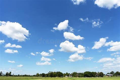 Blue Sky Background With Green Fields And White Clouds Stock Photo