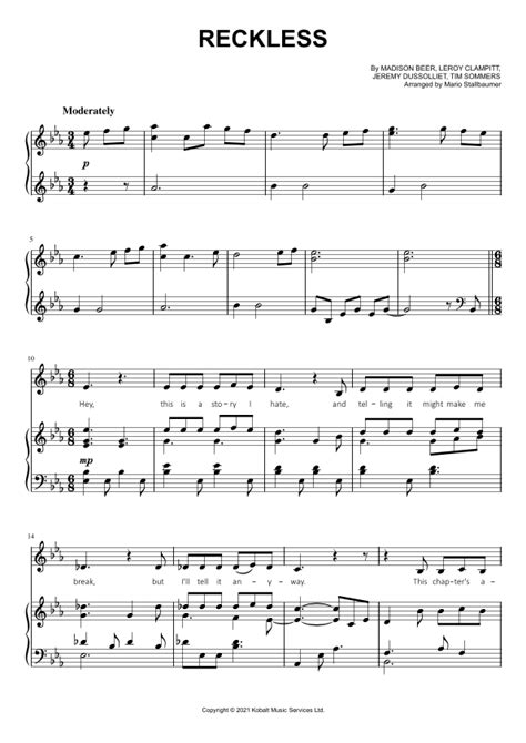 Reckless Arr Mario Stallbaumer Sheet Music Madison Beer Piano And Vocal
