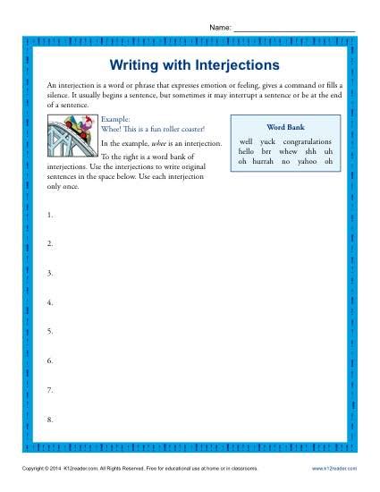 Writing With Interjections 5th Grade Interjection Worksheets