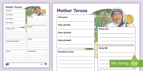 Mother Teresa Fact File Template Teacher Made Twinkl
