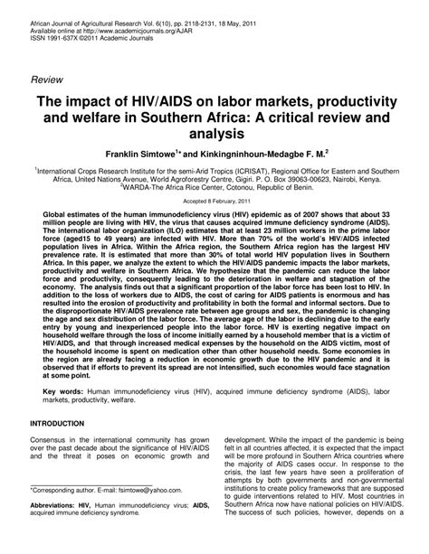 Pdf The Impact Of Hivaids On Labor Markets Productivity And Welfare In Southern Africa A