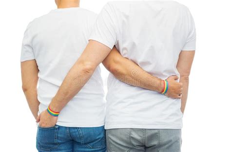 Male Couple With Gay Pride Rainbow Wristbands Stock Image Image Of Couple Back 114640845
