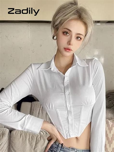 Zadily Sexy Long Sleeve White Za Shirt Women Button Up Y2k Crop Tops Street Style 2022 Summer