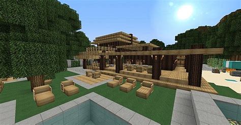 With pillars as the main structure, it looks sturdy. Modern Wood House | Minecraft City Minecraft Project