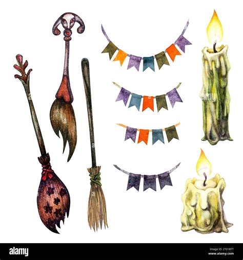 Watercolor Witches Brooms Witchcraft Candles Flags For Halloween