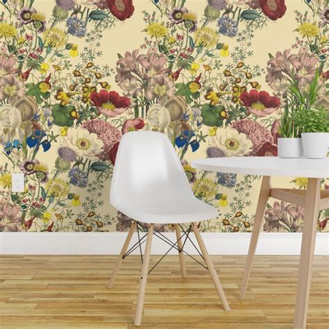 Pre Pasted Wallpaper 2ft Wide Cream Flowers Floral Botanical Antique