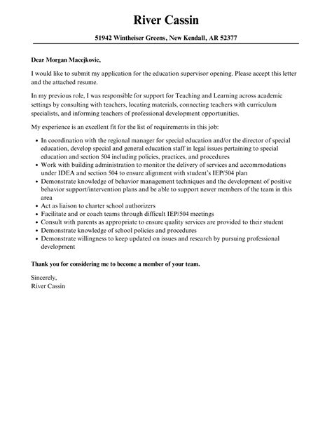 Education Supervisor Cover Letter Velvet Jobs