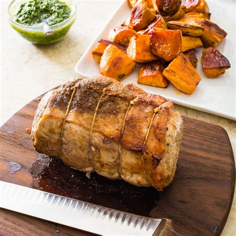 A slow roast is best for pork loin. Roast Pork Loin with Sweet Potatoes and Cilantro Sauce ...