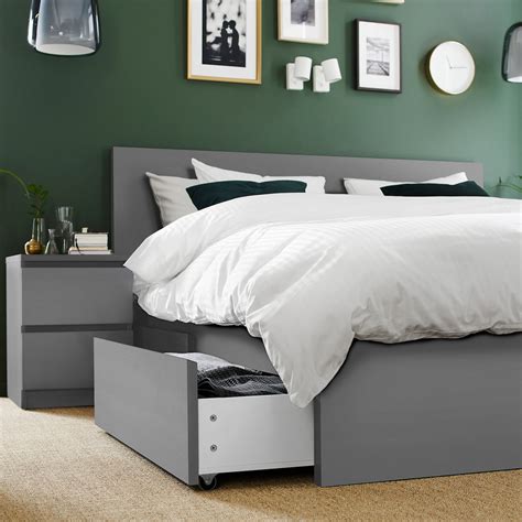 Malm Bed Frame High W 4 Storage Boxes Grey Stained Luröy Standard