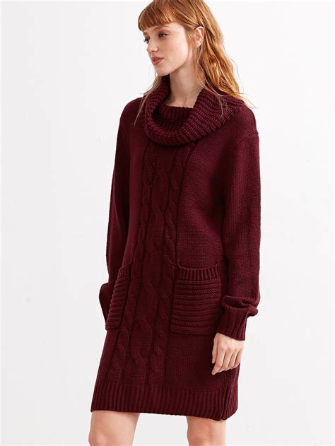 Burgundy Cable Knit Cowl Neck Sweater Dress With Pocket Shein Sheinside