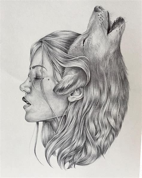 A Pencil Drawing Of A Woman And A Wolfs Head With Their Eyes Closed