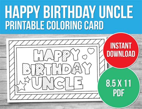 Happy Birthday Uncle Coloring Card Printable Birthday Card Etsy