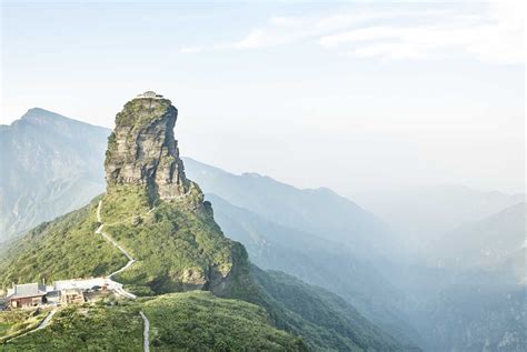 Elevated View Of Mount Fanjing Rock Formation And Misty Landscape