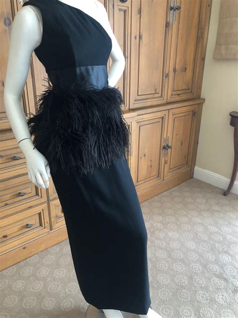 carolyne roehm 80 s black one shoulder evening dress w ostrich feather and crystal for sale at