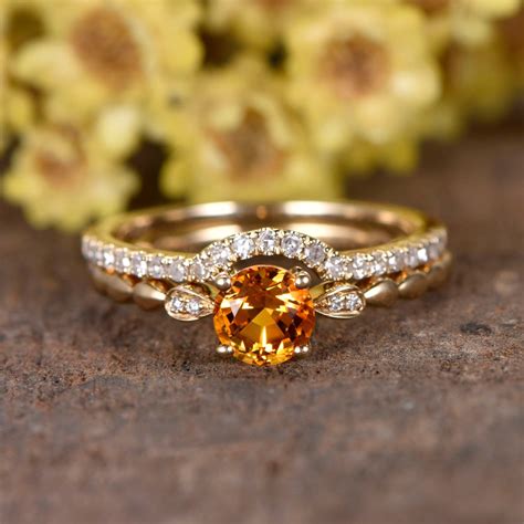 Art Deco Citrine Engagement Ring Set Curve Diamond Wedding Etsy