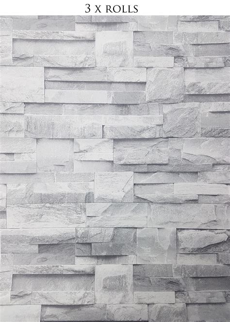 3 X 3d Slate Stone Brick Effect Wallpaper Grey Rock