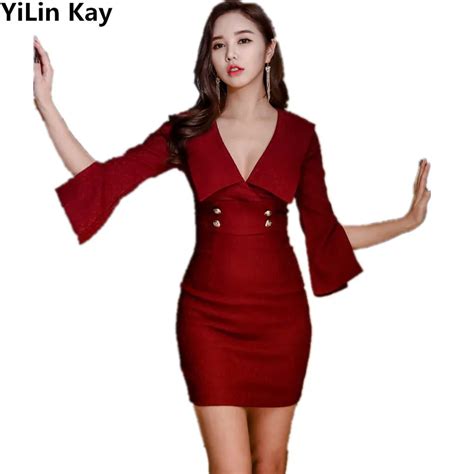 Yilin Kay High Quality Fashion Designer Runway Dress 2019 Autumn Womens Sexy V Neck Red Flare