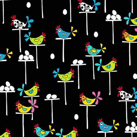 Perched Hens On Black From The Coop By Andover Fabrics Etsy