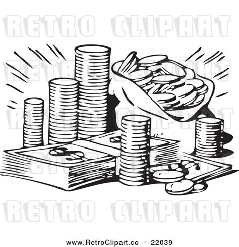 Vector Clip Art Of A Retro Black And White Stash Of Coins And Cash By