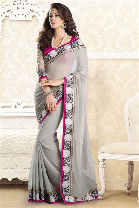 Grey Color Georgette Saree Saree Designs Party Wear Sarees Fashion