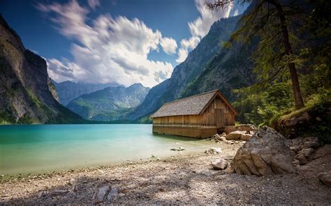 Landscape Nature Boathouses Lake Summer Mountain Alps Clouds Trees Beach Wallpapers Hd