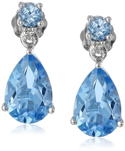 10k White Gold Blue Topaz Pear Shaped Drop Earrings With Diamond Accent