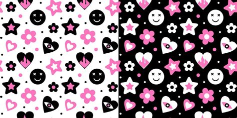 Set Of Seamless Emo Pattern Vector Illustration Gothic Romantic Background With Pink And Black