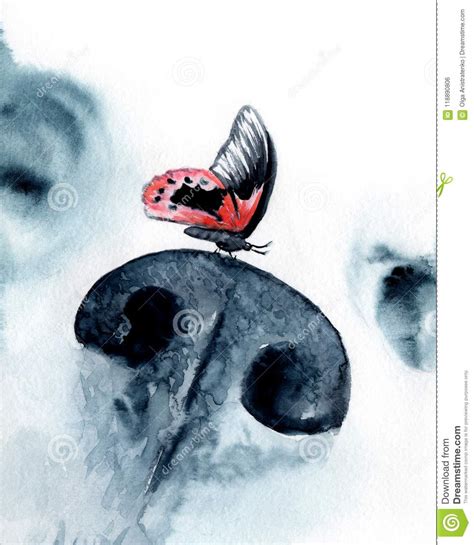 Watercolor Drawing Butterfly On The Nose Of A Dog Stock