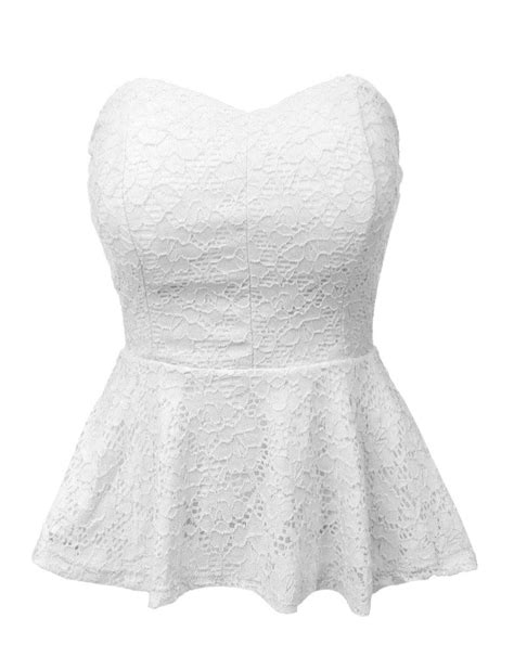 Le3no Womens Stretchy Strapless Lace Peplum Cropped Top White Lace Top Peplum Lace Top