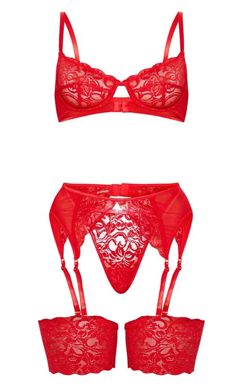 red lace suspender strap underwired lingerie set prettylittlething qa