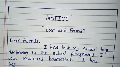 Notice Writing Lost And Found Found A School Bag In The Playground Of